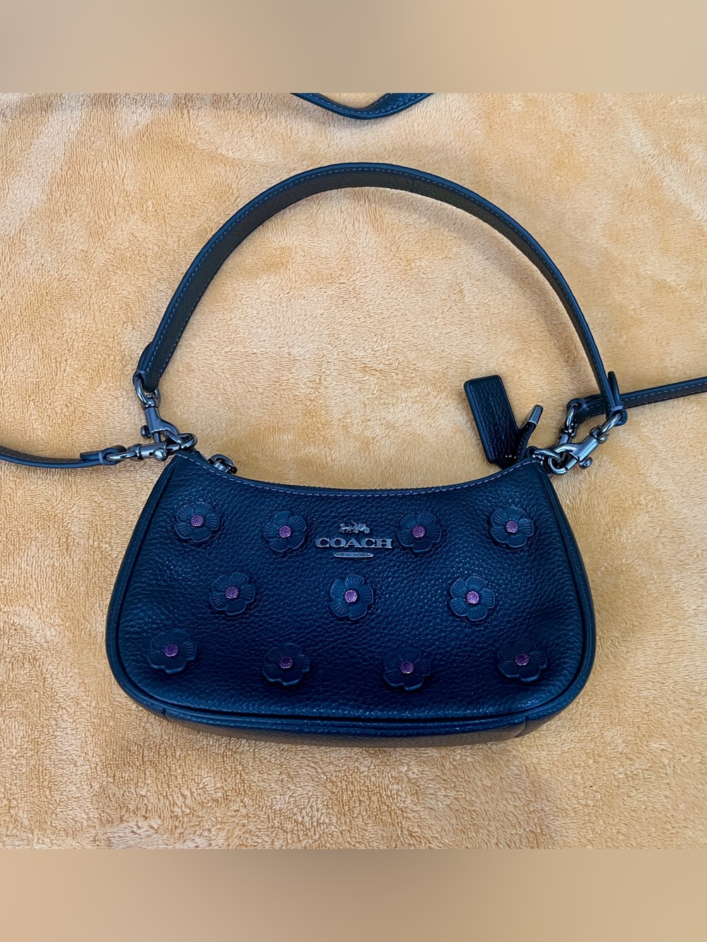 Coach Black Pebbled Leather Mini Shoulder Bag with Floral Appliqués